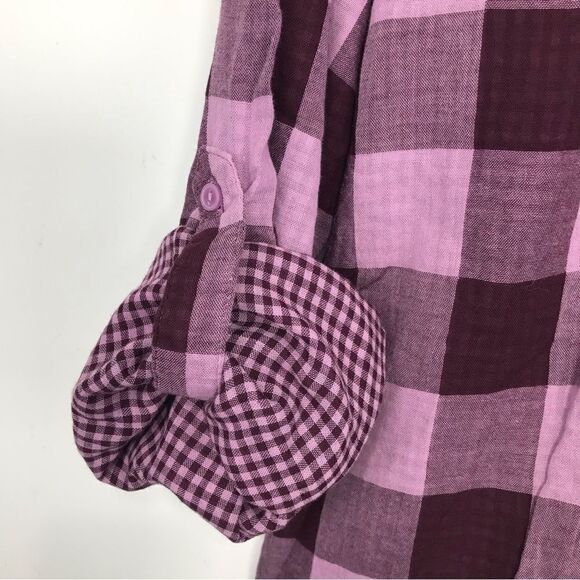 Laura Scott Purple Gingham Plaid Roll Tab Sleeve Button Up Shirt NEW - Picture 7 of 14
